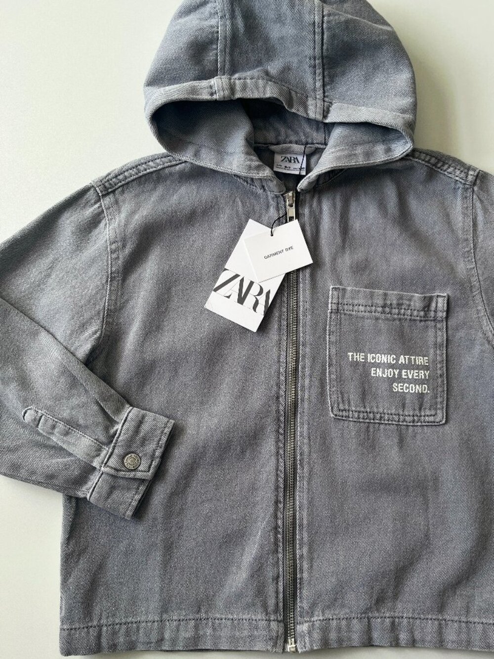Boys, 6-7Y, grey denim zipper hooded light spring jacket, ZARA, new with tags